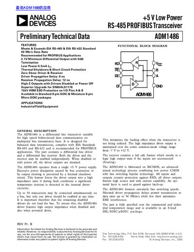 Analog Devices ADM1486 RS-485 PROFIBUS Transceiver Preliminary Technical Data - cover page