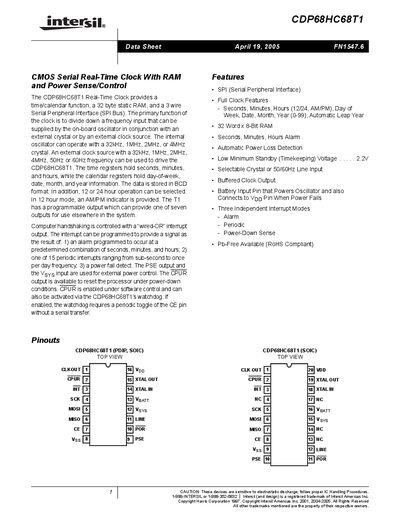 Intersil CDP68HC68T1 Real-Time Clock Datasheet - cover page