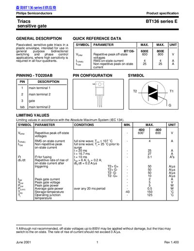 Philips Semiconductors BT136 Series E Sensitive Gate Triacs Datasheet - cover page