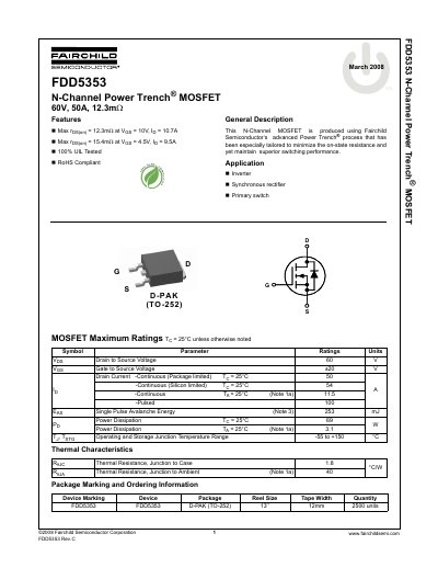 Fairchild FDD5353 N-Channel Power Trench MOSFET Datasheet - cover page