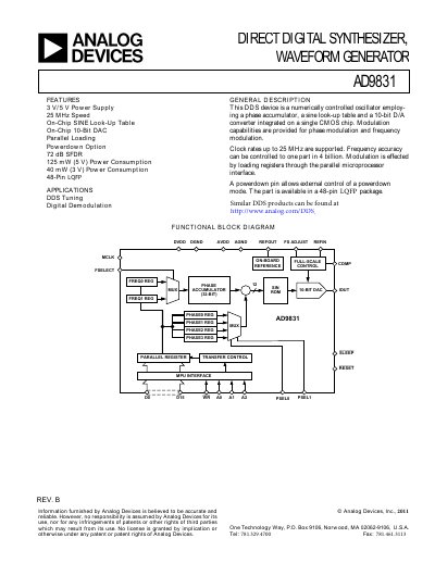 Analog Devices AD9831 Datasheet Rev B - cover page