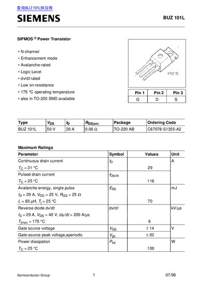 Siemens BUZ 101L Power Transistor Datasheet - cover page