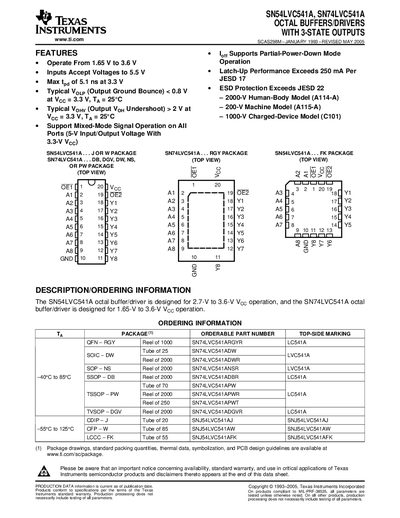 TEXAS INSTRUMENTS SN54LVC541A SN74LVC541A OCTAL BUFFERS/DRIVERS WITH 3-STATE OUTPUTS Manual - cover page