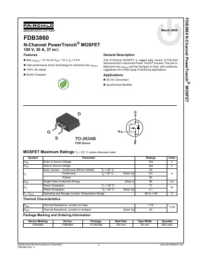 Fairchild Semiconductor FDB3860 N-Channel PowerTrench MOSFET Datasheet - cover page