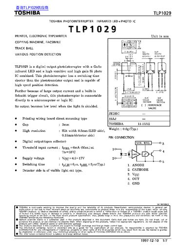 Toshiba TLP1029 Photointerrupter Datasheet - cover page
