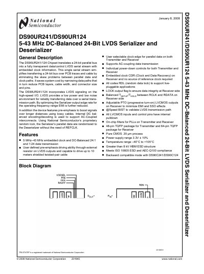 NATIONAL SEMICONDUCTOR -DS90UR241/DS90UR124 5-43 MHz DC-Balanced 24-Bit LVDS Serializer Deserializer handbook - cover page