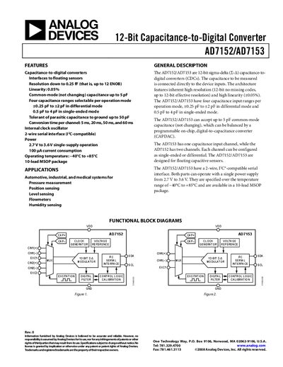 Analog Devices AD7152/AD7153 Capacitance-to-Digital Converter Datasheet - cover page