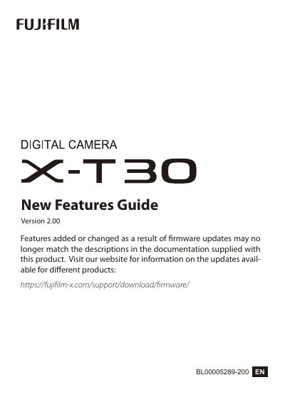 Fujifilm X-T30 Firmware Version 2.00 New Features Guide - cover page