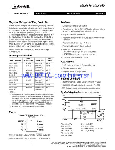 Intersil ISL6140/ISL6150 Data Sheet - cover page