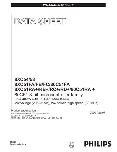 Philips 8XC54/58, 8XC51FA/FB/FC/80C51FA, 8XC51RA+/RB+/RC+/RD+/80C51RA+ Datasheet - cover page
