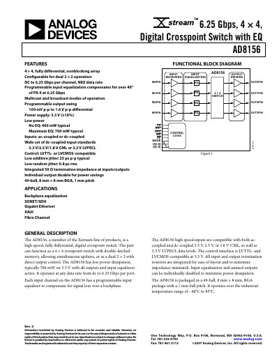 Analog Devices AD8156 Digital Crosspoint Switch Datasheet - cover page