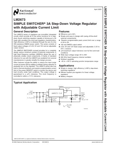 National Semiconductor LM2673 Simple Switcher 3A Step-Down Voltage Regulator Datasheet - cover page