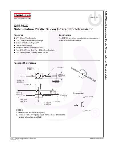 Fairchild Semiconductor QSB363C Subminiature Plastic Silicon Infrared Phototransistor Datasheet