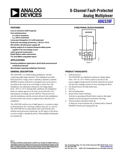 Analog Devices ADG528F 8-Channel Fault-Protected Analog Multiplexer Datasheet - cover page