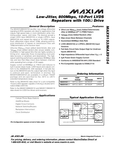 Maxim MAX9153/MAX9154 LVDS Repeater Datasheet - cover page
