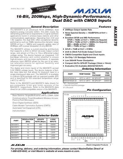 Maxim MAX5875 16‑Bit 200Msps Dual DAC Datasheet - cover page