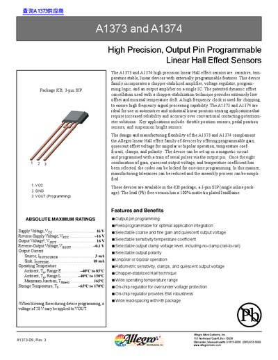 Allegro MicroSystems A1373/A1374 High Precision Linear Hall Effect Sensors Datasheet - cover page