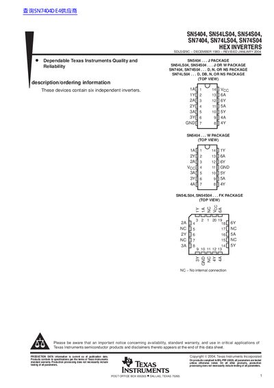 TEXAS INSTRUMENTS SN5404 SN54LS04 SN54S04 SN7404 SN74LS04 SN74S04 Manual - cover page