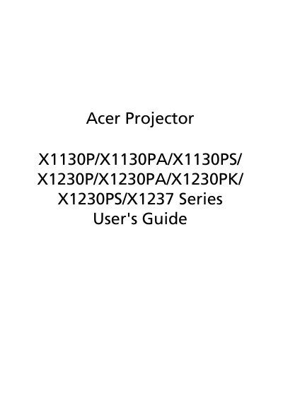 Acer X1130P/X1130PA/X1130PS/X1230P/X1230PA/X1230PK/X1230PS/X1237 Series Projector User Manual - cover page