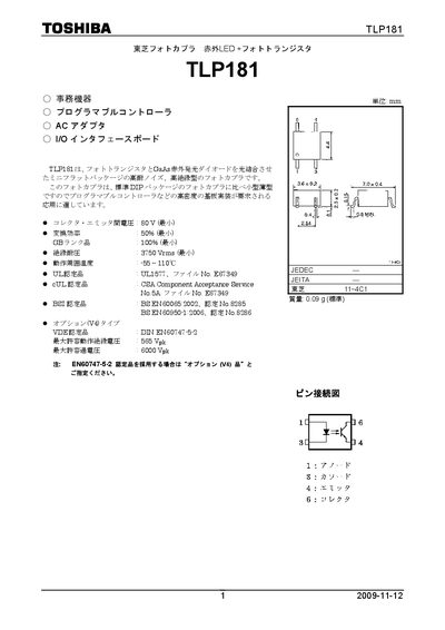 Toshiba TLP181 Optocoupler Datasheet - cover page
