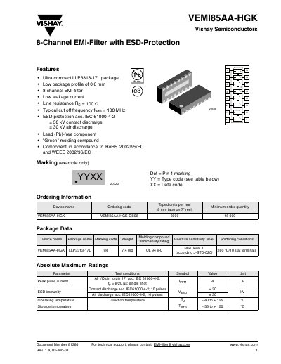 Vishay VEMI85AA-HGK 8-Channel EMI Filter Datasheet - cover page