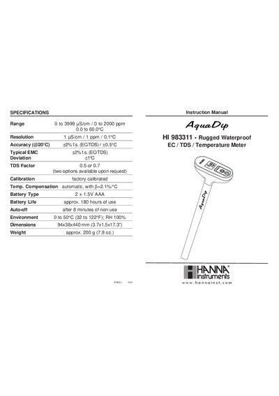 Hanna Instruments HI 983311 Rugged Waterproof EC/TDS/Temperature Meter Instruction Manual