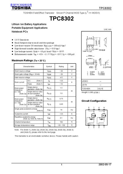 Toshiba TPC8302 P-Channel MOSFET Datasheet - cover page