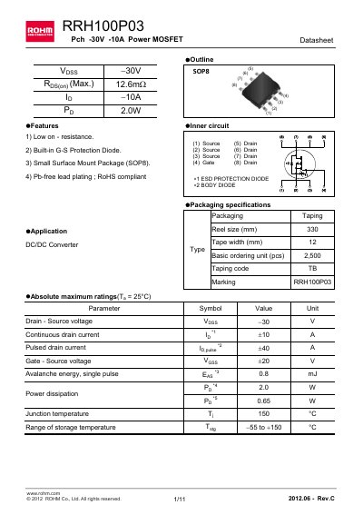 ROHM RRH100P03 Power MOSFET Datasheet - cover page