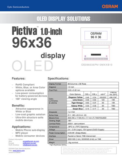 OSRAM Pictiva 1.0-inch 96x36 Display Datasheet - cover page