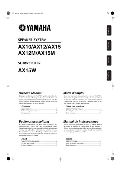 Yamaha AX10/AX12/AX15/AX12M/AX15M/AX15W Speaker System Owner's Manual - cover page