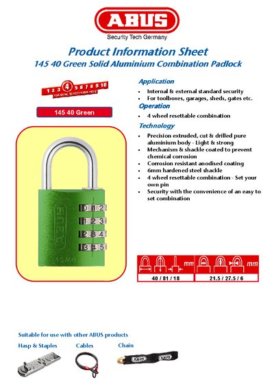 ABUS 145 40 Green Combination Padlock Product Information Sheet - cover page
