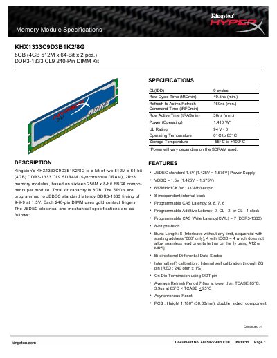 Kingston KHX1333C9D3B1K2/8G DDR3 Memory Kit Product Specification - cover page
