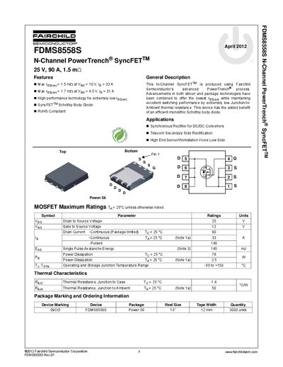 Fairchild Semiconductor FDMS8558S N-Channel PowerTrench SyncFET Datasheet