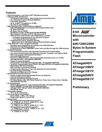 ATMEL -8-bit Microcontroller with 64K/128K/256K Bytes In-System Programmable Flash ATmega640/V ATmega1280/V ATmega1281/V ATmega2560/V ATmega2561/V handbook