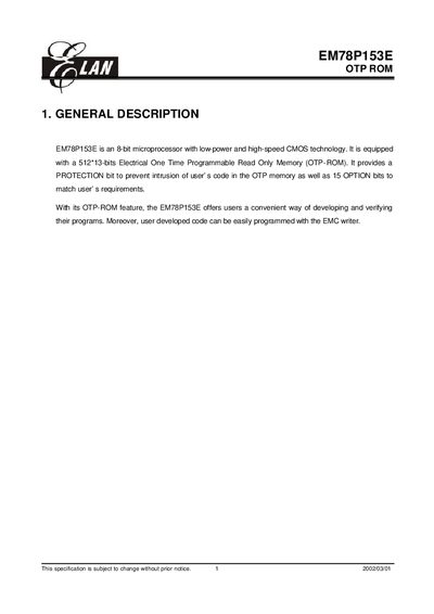 ELAN EM78P153E OTP ROM Datasheet - cover page