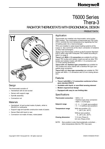 Honeywell T6000 Series Thera-3 Radiator Thermostat Manual - cover page