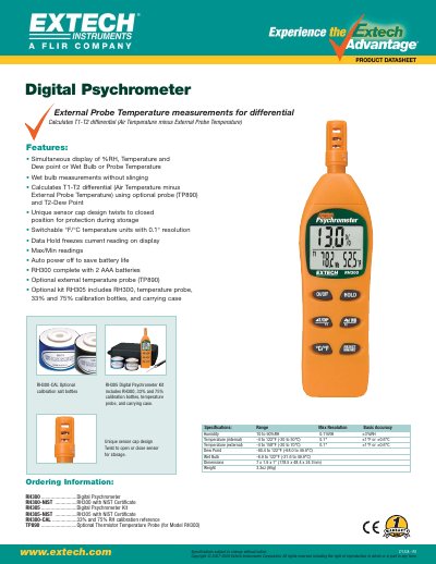 Extech RH300 Digital Psychrometer Specifications - cover page