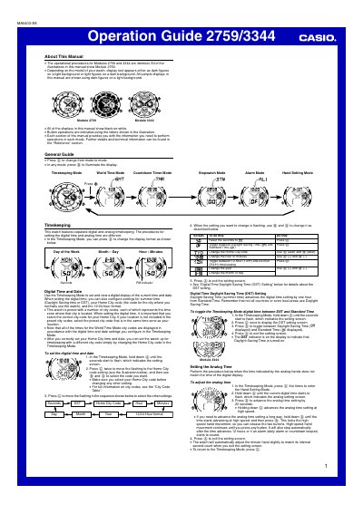 Casio 2759/3344 Operation Guide - cover page