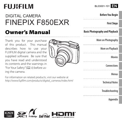 Fujifilm FinePix F850EXR Digital Camera Owner's Manual - cover page