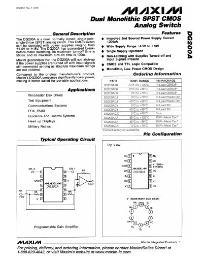 Maxim DG200A Analog Switch Datasheet - cover page