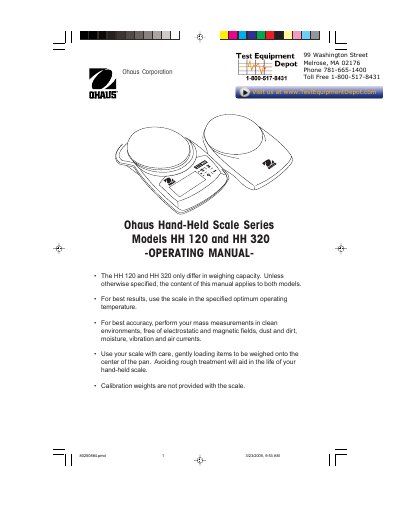 Ohaus HH 120 and HH 320 Hand-Held Scale Operating Manual - cover page