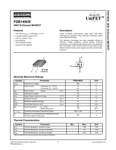 Fairchild Semiconductor FDB14N30 300V N-Channel MOSFET Datasheet - cover page