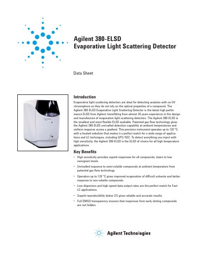 Agilent 380-ELSD Evaporative Light Scattering Detector Data Sheet - cover page