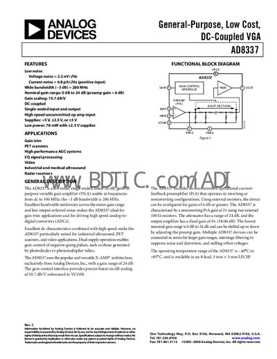 Analog Devices AD8337 Variable Gain Amplifier Datasheet - cover page