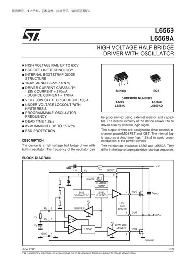 STMicroelectronics L6569/L6569A High Voltage Half Bridge Driver with Oscillator Datasheet - cover page
