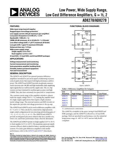 Analog Devices AD8278/AD8279 Datasheet - cover page