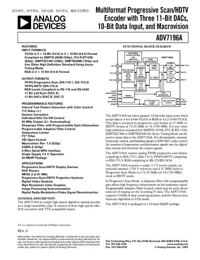 Analog Devices ADV7196A Datasheet - cover page