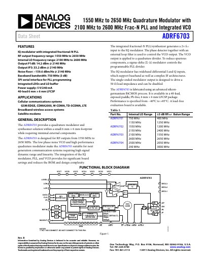 Analog Devices ADRF6703 Quadrature Modulator Data Sheet - cover page