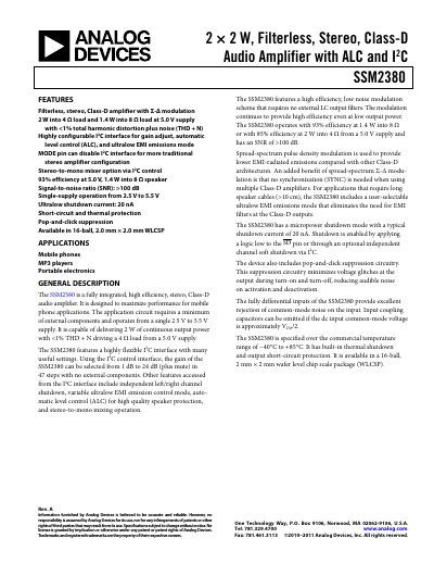 Analog Devices SSM2380 Audio Amplifier Product Handbook - cover page