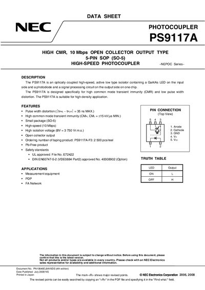 NEC PS9117A Photocoupler Data Sheet - cover page
